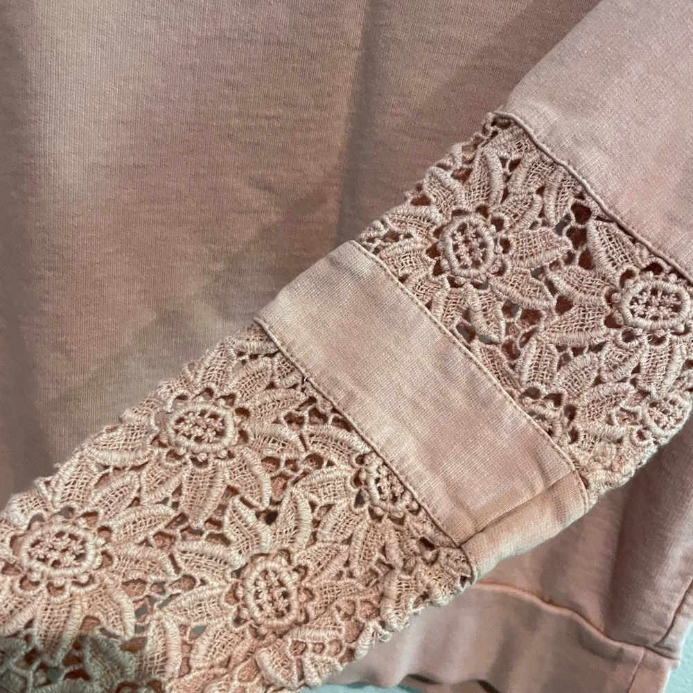 Women’s Lucky Lotus distressed pale pink with long sleeve and lace detai…